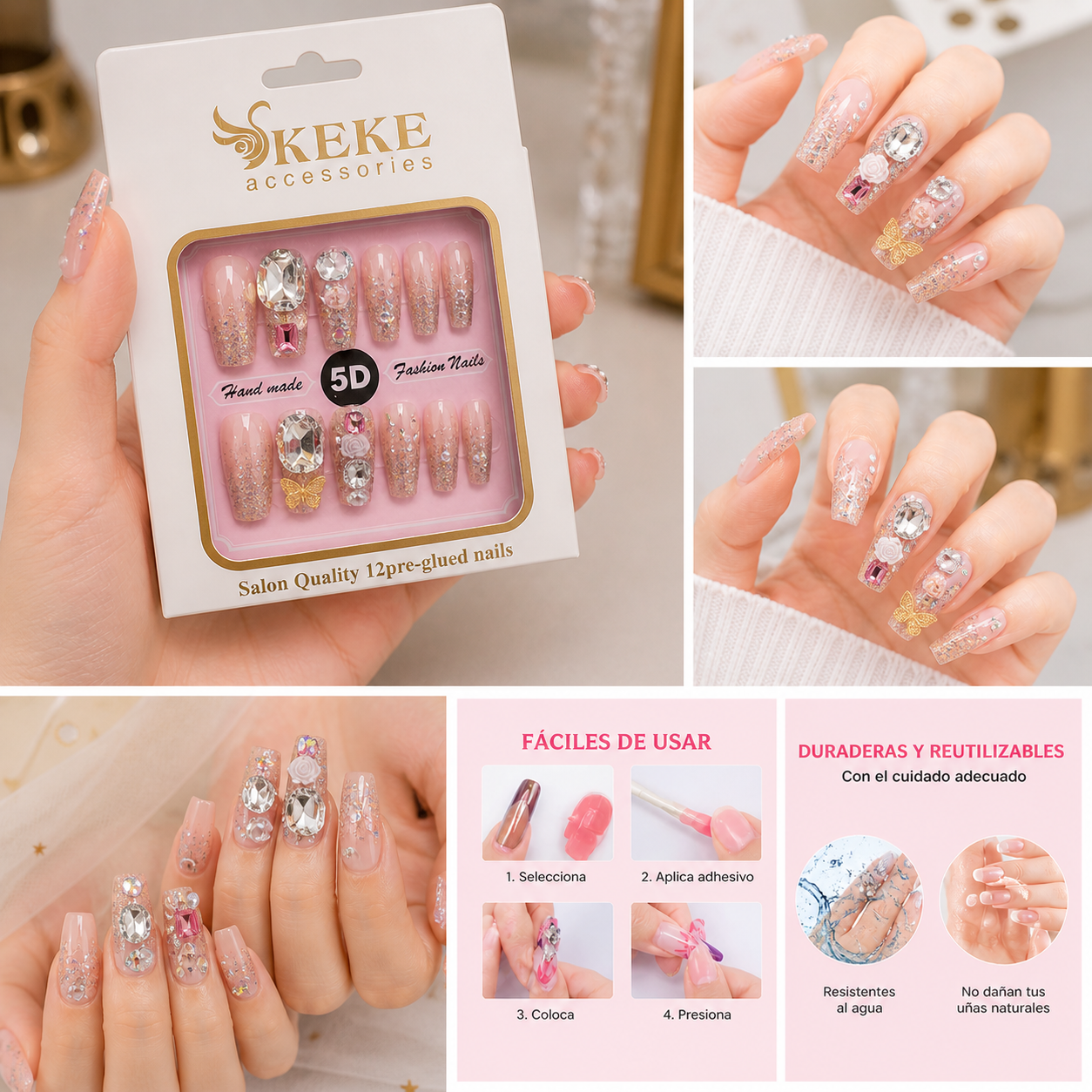 Uñas Press On 5D Premium – Diseño Elegante con Cristales y Efecto Ombré