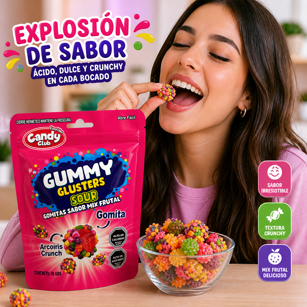 Gummy Clusters Sour – Gomitas Crunchy Mix Frutal | Dulce Ácido y Explosivo