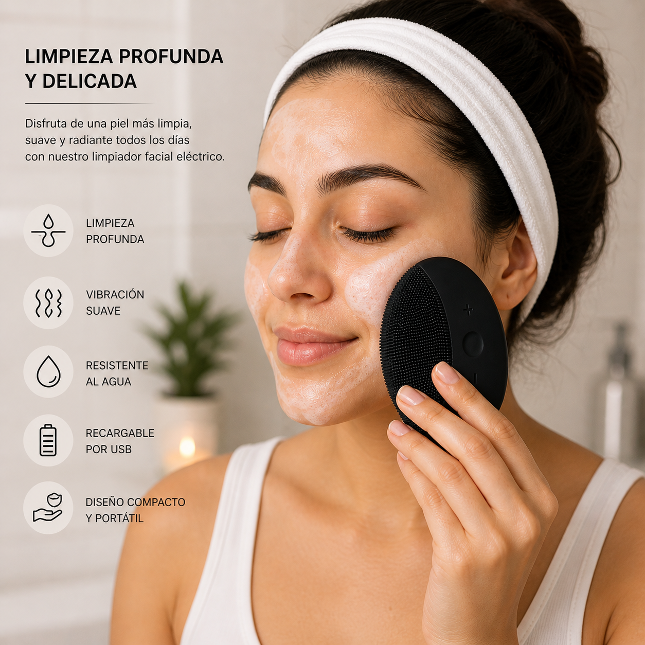 Limpiador Facial Eléctrico Negro – Limpieza Profunda y Tecnología de Vibración