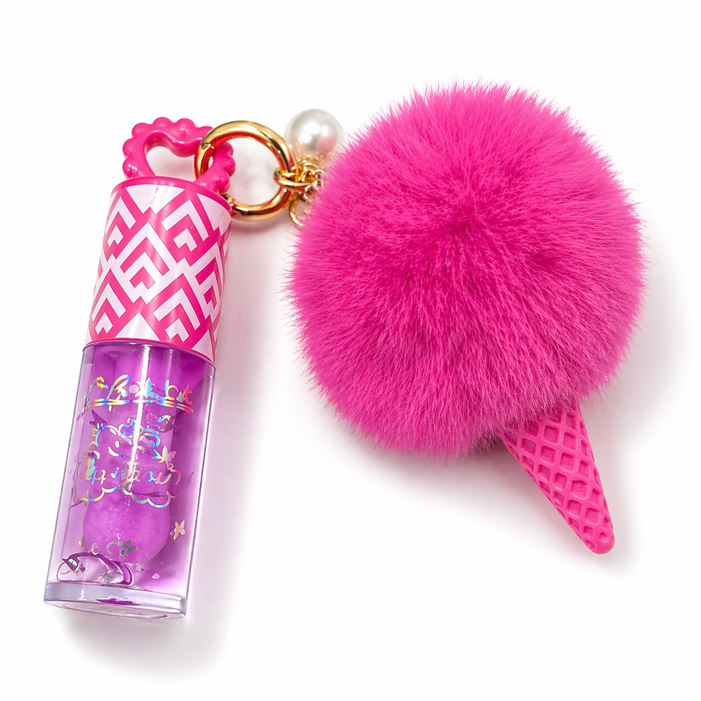Lip Balm con Llavero Kawaii Pom Pom Rosado