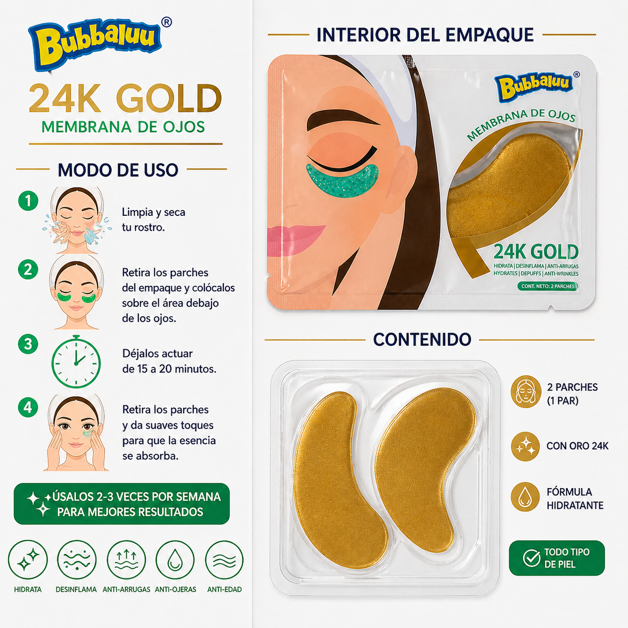 Parches de Ojos 24K Gold Bubbaluu – Hidratación y Anti-Ojeras (1 Par)