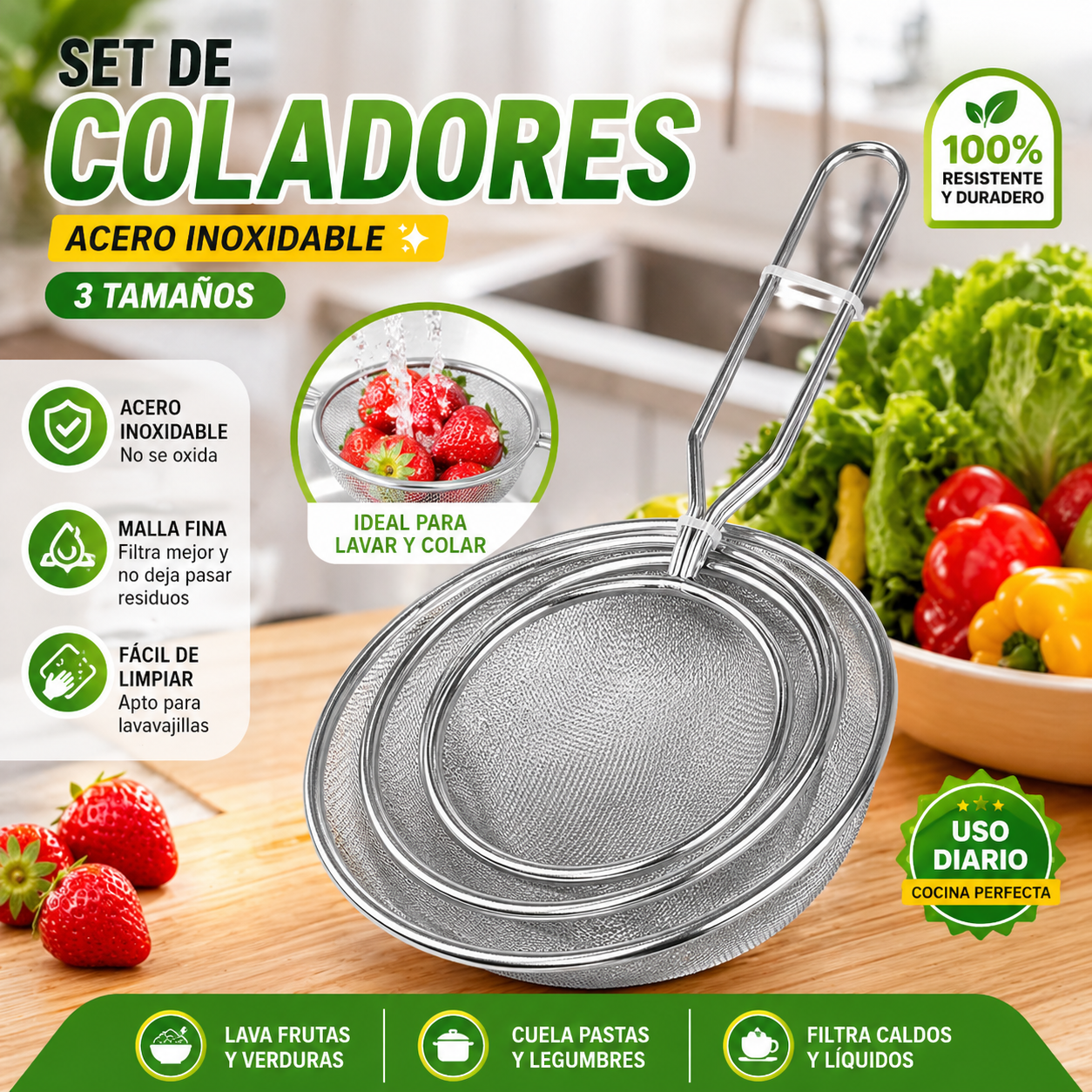 Set de Coladores de Acero Inoxidable (3 Piezas)