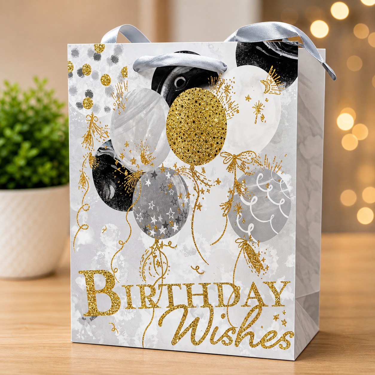 Bolsa de Regalo “Birthday Wishes” – Diseño Elegante con Globos y Detalles Dorados