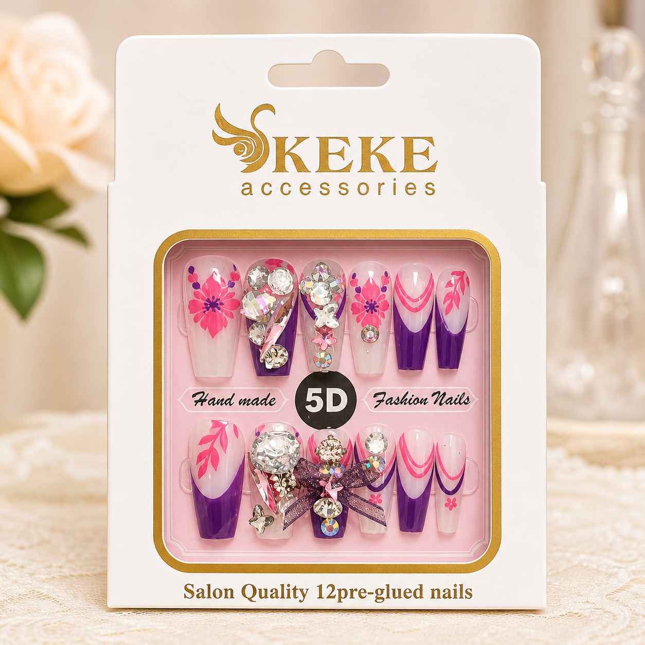 Uñas Press On 5D Premium – Diseño Elegante con Cristales y Efecto Ombré