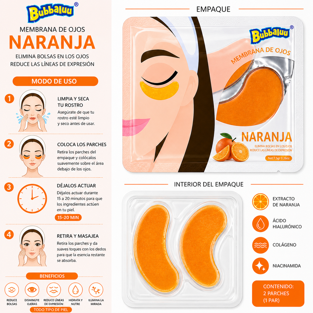 Parches de Ojos Naranja Bubbaluu – Hidratación y Anti Ojeras (1 Par)