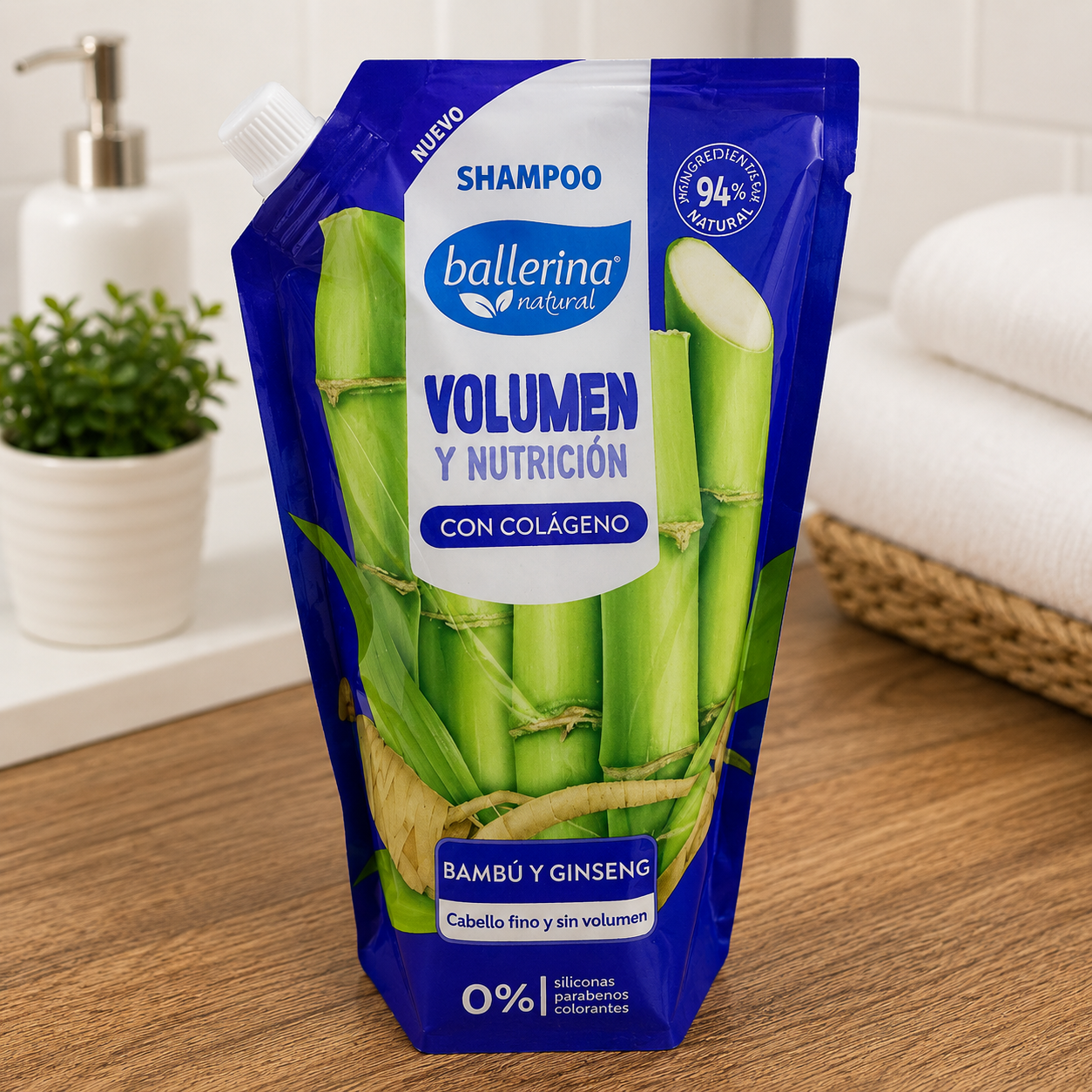 Shampoo Ballerina Natural Volumen y Nutrición con Colágeno Bambú y Ginseng | Refill