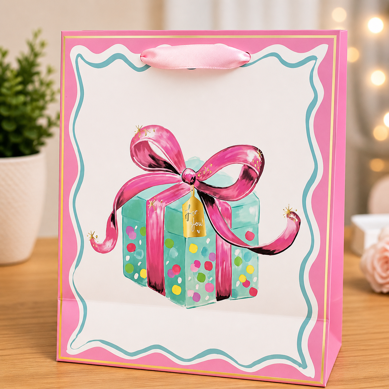 Bolsa de Regalo “Gift Box” – Diseño Elegante con Lazo Rosado y Estilo Premium