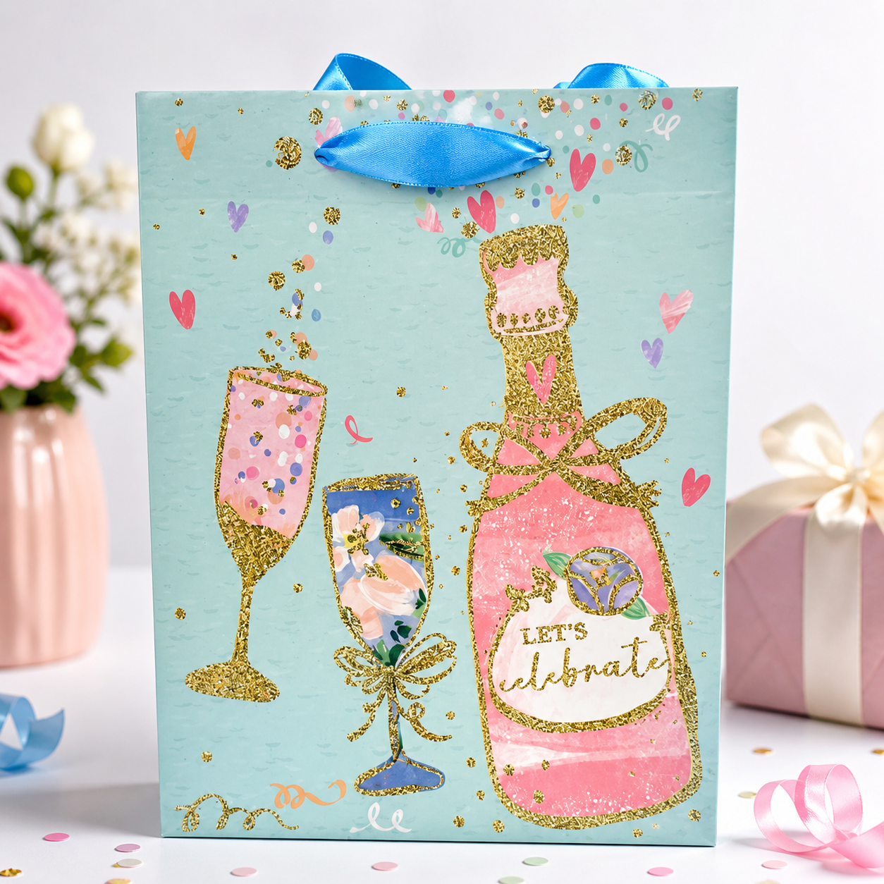 Bolsa de Regalo “Let’s Celebrate” – Diseño Elegante con Brillos y Asas de Cinta