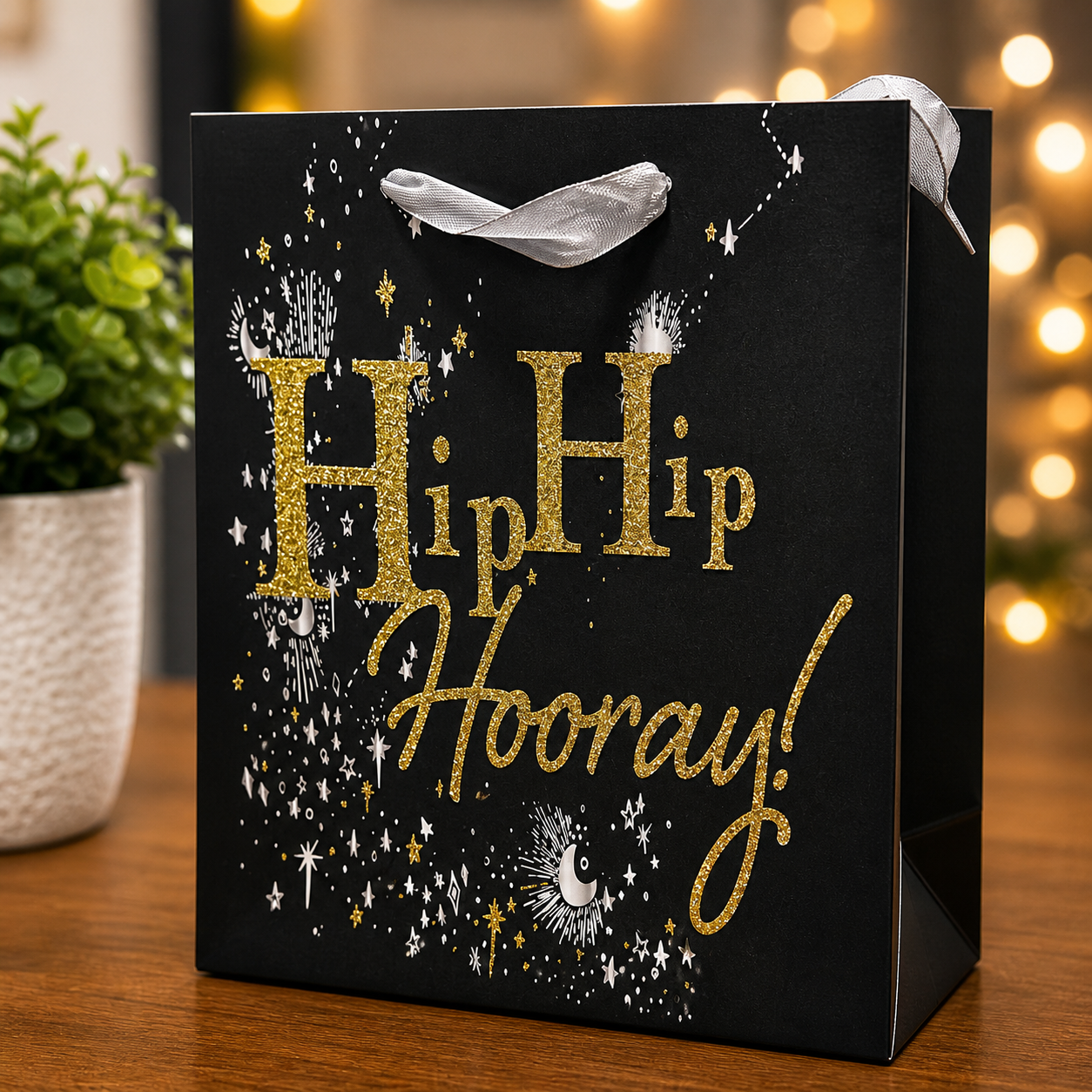 Bolsa de Regalo “Hip Hip Hooray” – Diseño Elegante Negro con Detalles Dorados