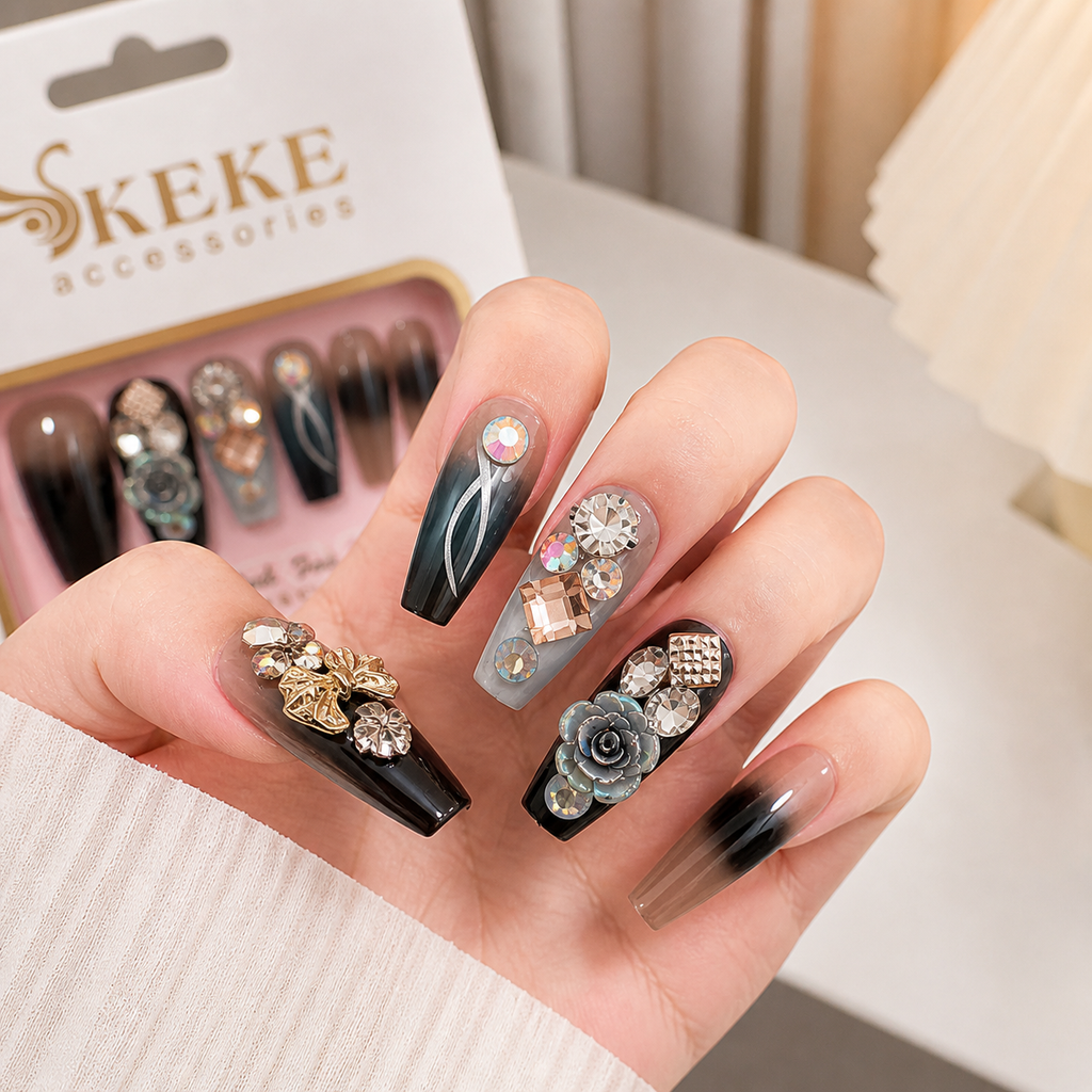 Uñas Press On 5D Premium – Diseño Elegante con Cristales y Efecto Ombré