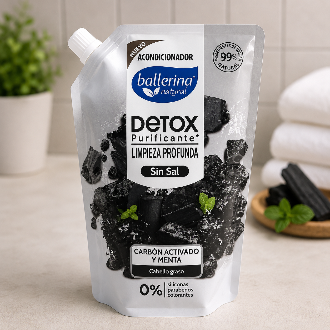 Acondicionador Ballerina Natural Detox Purificante Limpieza Profunda | Carbón Activado y Menta Refill