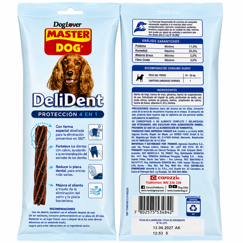 🦷 Master Dog DeliDent Protección 4 en 1 | Snack Dental para Perros Medianos 180g
