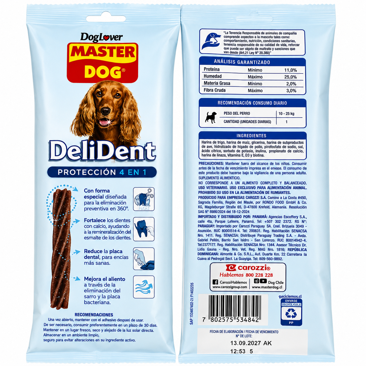 🦷 Master Dog DeliDent Protección 4 en 1 | Snack Dental para Perros Medianos 180g
