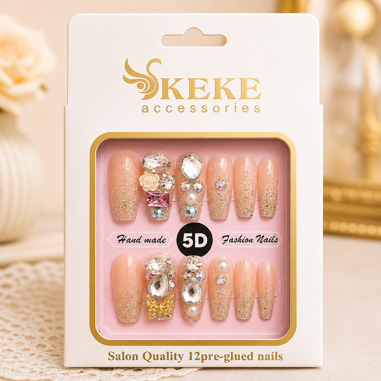 Uñas Press On 5D Premium – Diseño Elegante con Cristales y Efecto Ombré