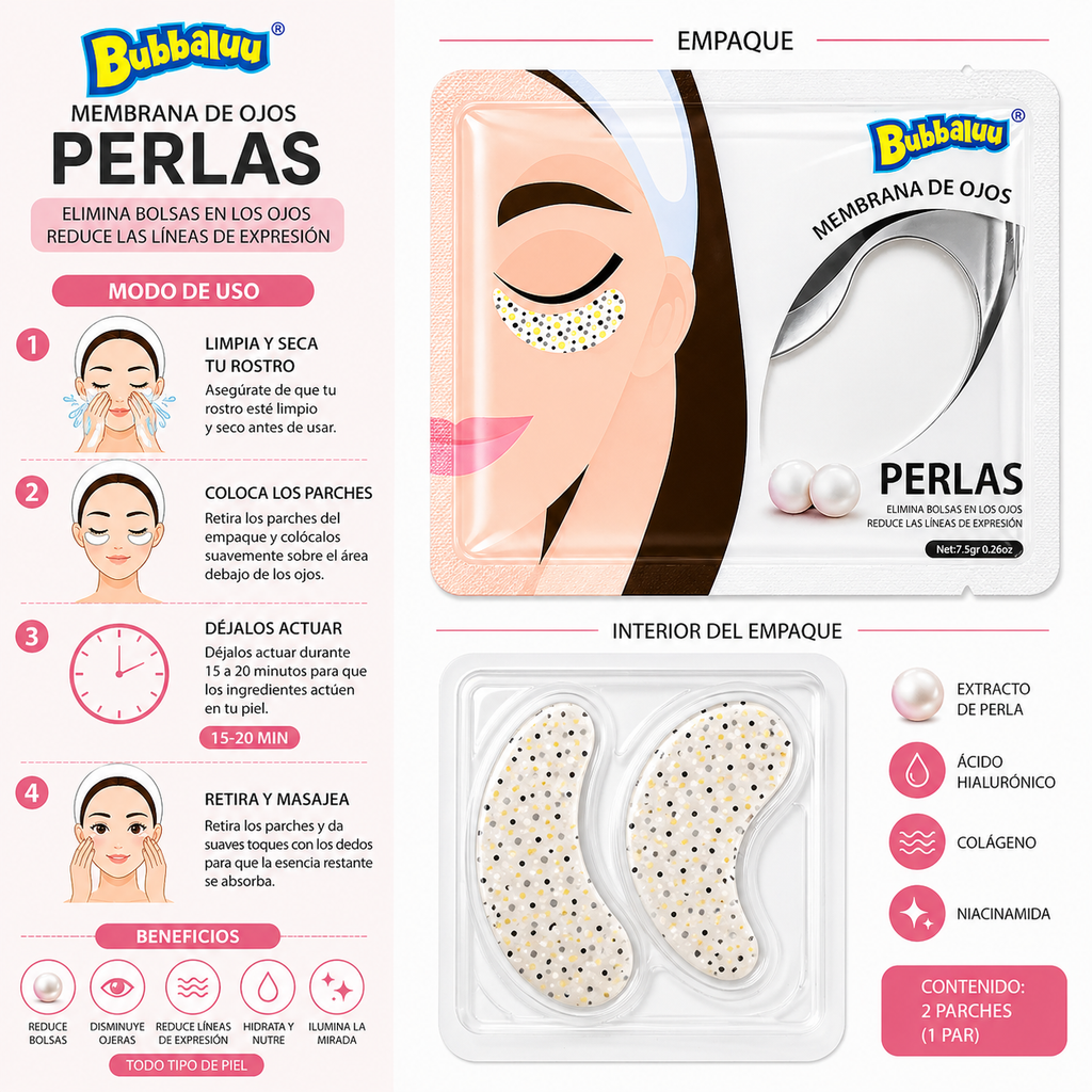 Parches de Ojos Perlas Bubbaluu – Hidratación y Anti Ojeras (1 Par)