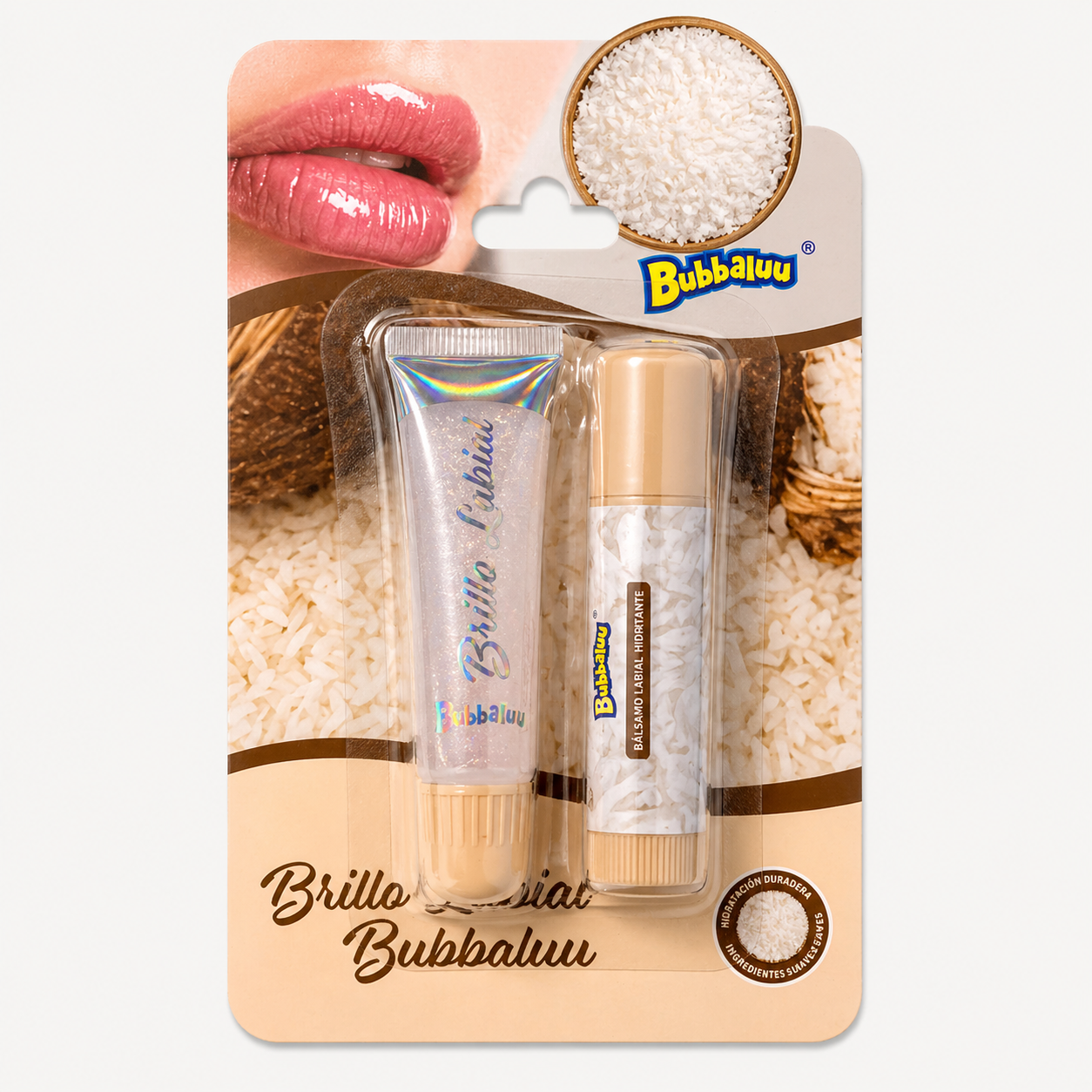 💄🥥 Brillo Labial Bubbaluu – Set Glossy Aroma Coco