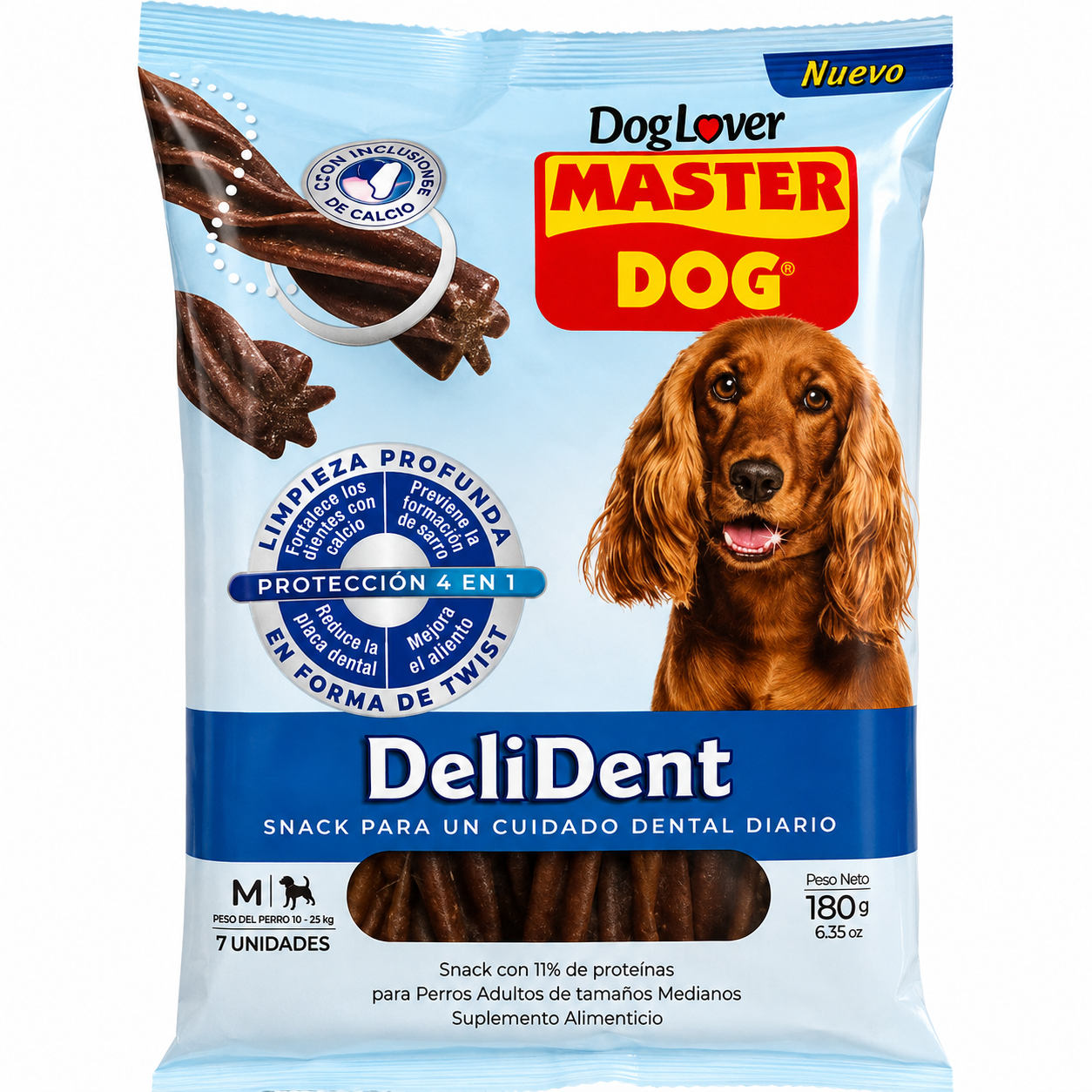 🦷 Master Dog DeliDent Protección 4 en 1 | Snack Dental para Perros Medianos 180g